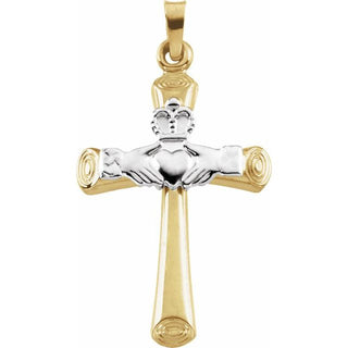 14K Yellow/White 27x19.5 mm Hollow Claddagh Cross Pendant