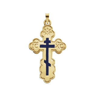 14K Yellow 32x21 mm Blue Enamel Orthodox Cross Pendant 