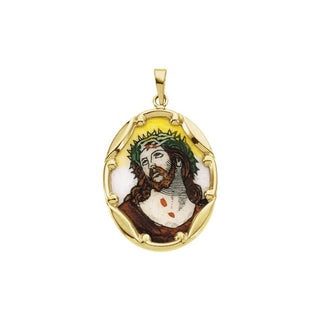 14K Yellow 13x10 mm Face of Jesus Hand-Painted Porcelain Medal