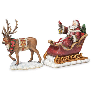 8-Inch 2-Piece St Santa & Deer/Sleigh Red Woodgrain Figure - Snow Base