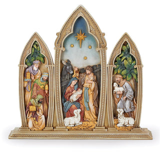12-Inch Holy Family Triple Arch Gold Scrolls