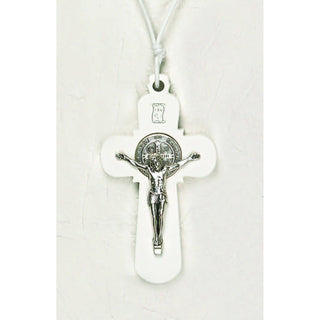 Saint Benedict White Round Wood Cross