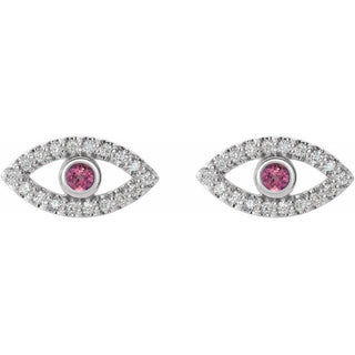 Platinum Natural Pink Tourmaline & Natural White Sapphire Evil Eye Earrings