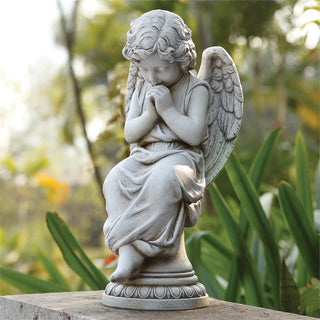 17-Inch Seated Angel On Pedestal Garden Statue