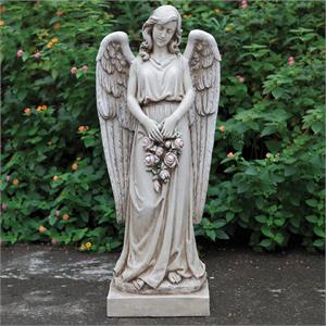 36-Inch Angel Holding Rose Wreath Garden Statue - View 2