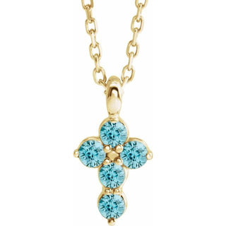 14K Yellow Natural Blue Zircon Cross 16-18" Necklace