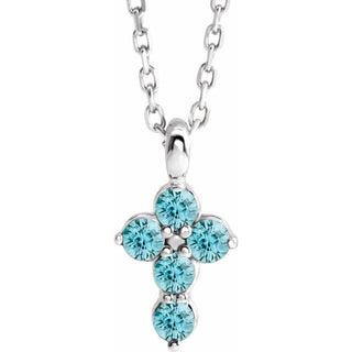 14K White Natural Blue Zircon Cross 16-18" Necklace