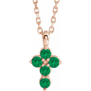 14K Rose Lab-Grown Emerald Cross 16-18" Necklace