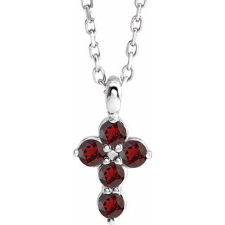 14K White Natural Mozambique Garnet Cross 16-18" Necklace