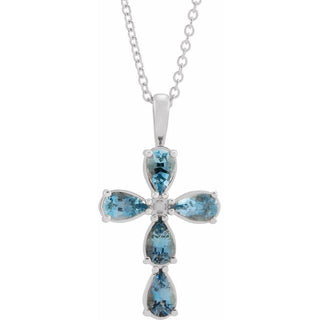 14K White Natural Aquamarine Cross 16-18" Necklace