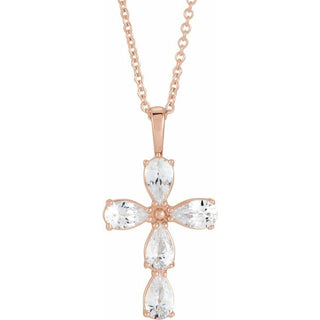 14K Rose Natural White Sapphire Cross 16-18" Necklace