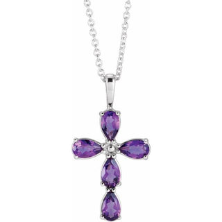 14K White Natural Amethyst Cross 16-18" Necklace