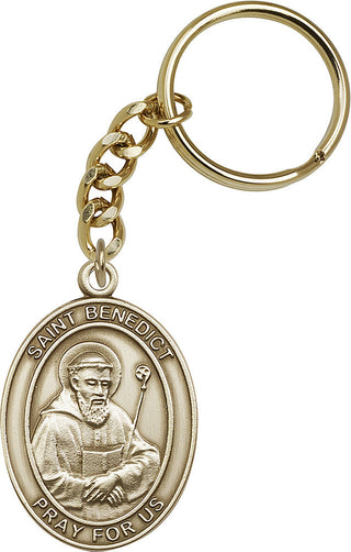 Gold Oxide Saint Benedict Keychain Engraved Catholic Saint Jewelry