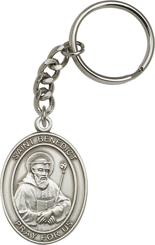 Silver Oxide Saint Benedict Keychain Engraved Catholic Saint Jewelry