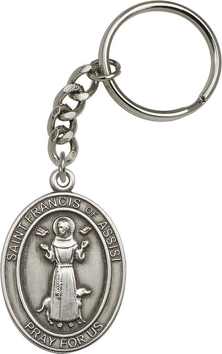 Silver Oxide Saint Francis of Assisi Keychain Engraved Catholic Saint Jewelry