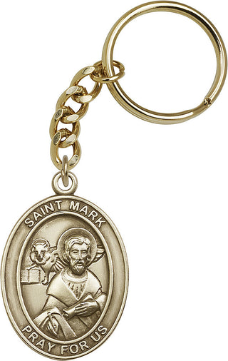 Gold Oxide Saint Mark Keychain Engraved Catholic Saint Jewelry