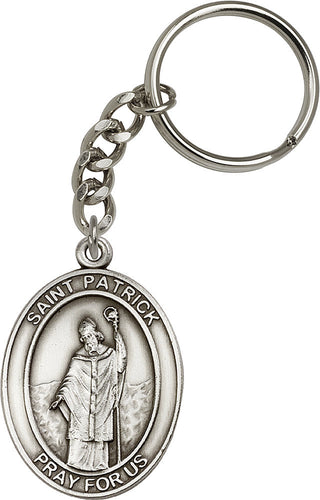 Silver Oxide Saint Patrick Keychain Engraved Catholic Saint Jewelry