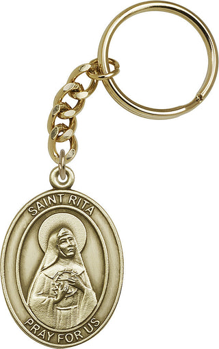 Gold Oxide Saint Rita of Cascia Keychain Engraved Catholic Saint Jewelry