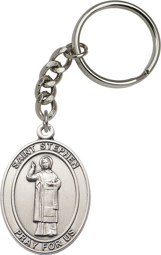 Silver Oxide Saint Stephen the Martyr Keychain Engraved Catholic Saint Jewelry