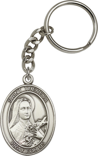 Silver Oxide Saint Theresa Keychain Engraved Catholic Saint Jewelry