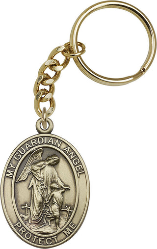 Gold Oxide Guardian Angel Keychain Engraved Catholic Saint Jewelry