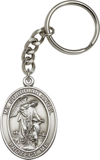 Silver Oxide Guardian Angel Keychain Engraved Catholic Saint Jewelry
