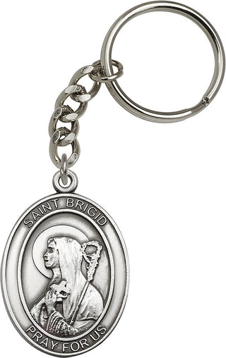 Silver Oxide Saint Brigid of Ireland Keychain Engraved Catholic Saint Jewelry
