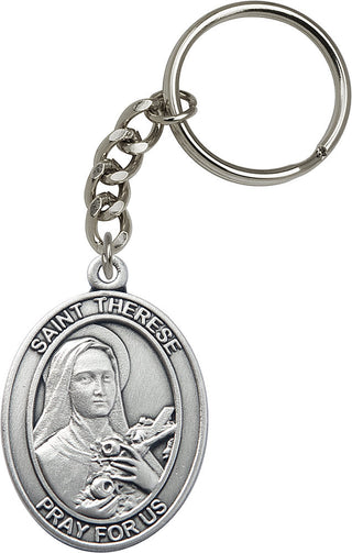 Silver Oxide Saint Therese of Lisieux Keychain Engraved Catholic Saint Jewelry
