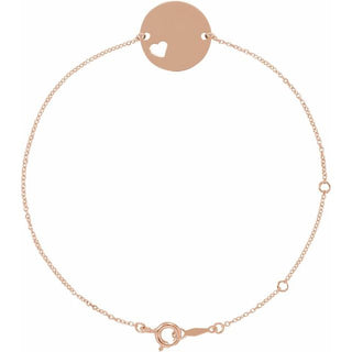 14K Rose Engravable Pierced Heart Disc 7-8" Bracelet