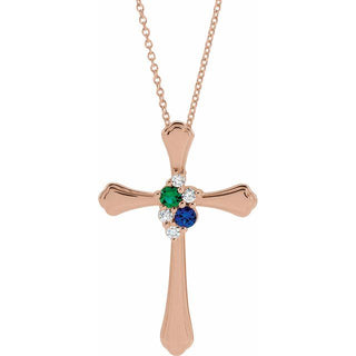 14K Rose 2-Stone 1/8 CTW Natural Diamond Semi-Set Family Cross 16-18" Necklace