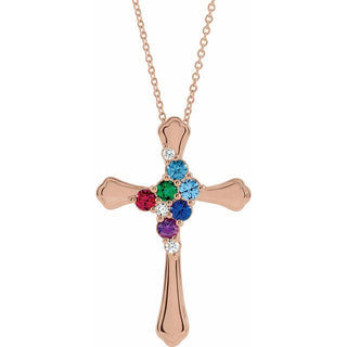 14K Rose 6-Stone .08 CTW Natural Diamond Semi-Set Family Cross 16-18" Necklace