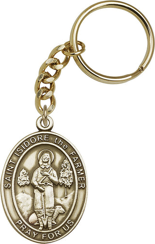Gold Oxide Saint Isidore the Farmer Keychain Engraved Catholic Saint Jewelry
