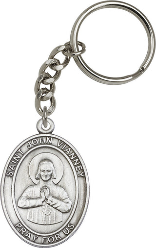 Silver Oxide Saint John Vianney Keychain Engraved Catholic Saint Jewelry