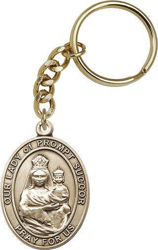 Gold Oxide Our Lady of Prompt Succor Keychain Engraved Catholic Saint Jewelry