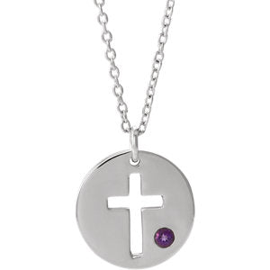 14K White Amethyst Pierced Cross Disc 16-18" Necklace