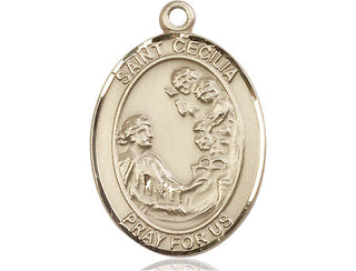 14kt Gold Saint Cecilia Medal Engraved Catholic Saint Jewelry
