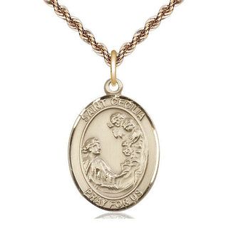 14kt Gold Saint Cecilia Medal Engraved Catholic Saint Jewelry