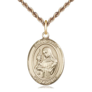14kt Gold Saint Clare of Assisi Medal Engraved Catholic Saint Jewelry