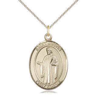 14kt Gold Saint Justin Medal Engraved Catholic Saint Jewelry