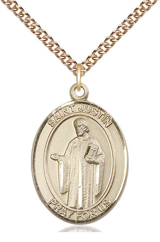 14kt Gold Saint Justin Medal Engraved Catholic Saint Jewelry