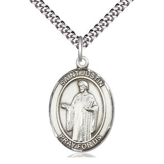 Pewter Saint Justin Medal Catholic Jewelry Engraved Catholic Saint Jewelry