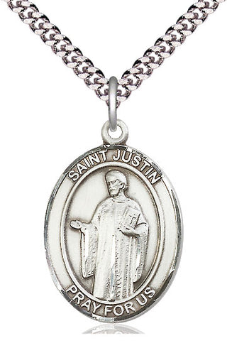 Sterling Silver Saint Justin Medal Catholic Jewelry Engraved Catholic Saint Jewelry