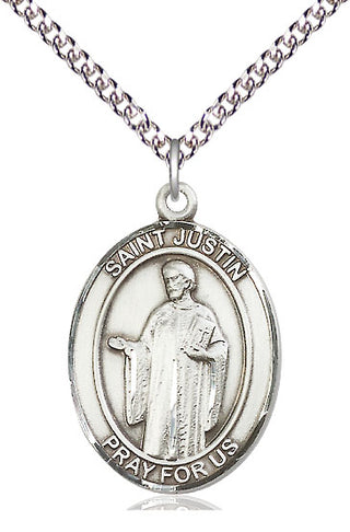 Sterling Silver Saint Justin Medal Catholic Jewelry Engraved Catholic Saint Jewelry
