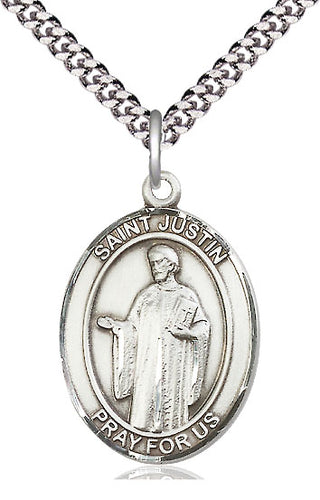 Sterling Silver Saint Justin Medal Catholic Jewelry Engraved Catholic Saint Jewelry