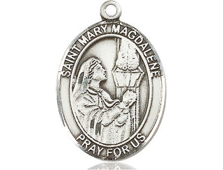 Pewter Saint Mary Magdalene Pendant on an 24-inch Light Rhodium Heavy Curb Chain Engraved Catholic Saint Jewelry