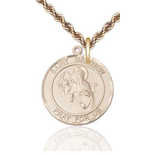 14kt Gold Saint Matthew the Apostle Medal Engraved Catholic Saint Jewelry