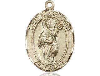 14kt Gold Saint Scholastica Medal Engraved Catholic Saint Jewelry