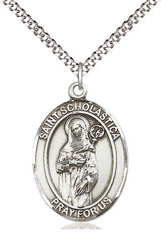 Pewter Saint Scholastica Medal Catholic Jewelry Engraved Catholic Saint Jewelry