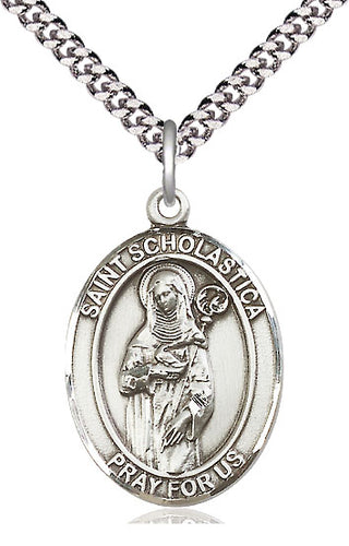 Pewter Saint Scholastica Medal Catholic Jewelry Engraved Catholic Saint Jewelry