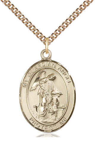 14kt Gold Guardian Angel w/Child Medal Engraved Catholic Saint Jewelry